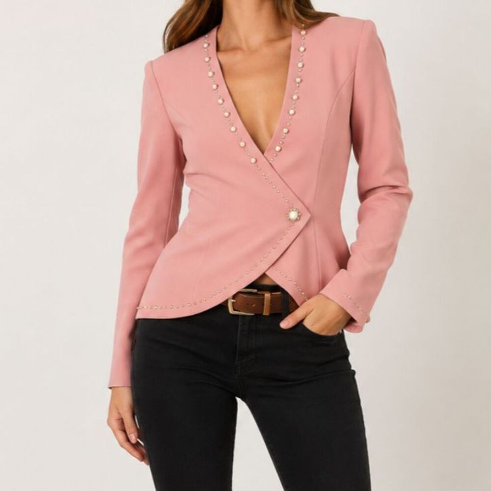 Vintage Blush Pink Pearl Rhinestone Blazer Size Small